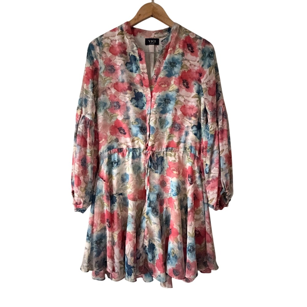 VICI Floral Print Long Sleeve‎ Button Front Tie Waist Mini Dress BarbieCore
